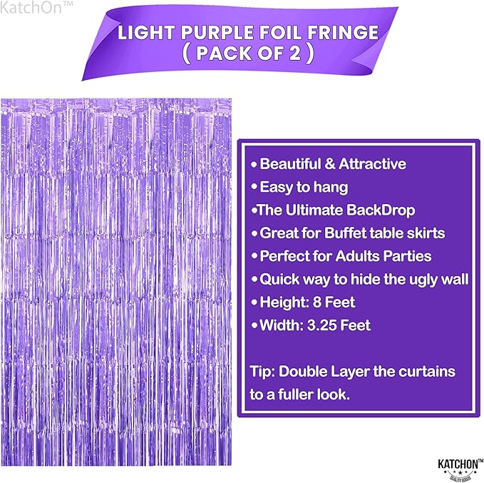 KatchOn, Light Purple Foil Fringe Curtain - 3.2x8 Feet, Pack of 2 for Purple Party Decorations | Purple Backdrop for Graduation Decorations 2026 | Streamers Backdrop for Mermaid Party Decoration