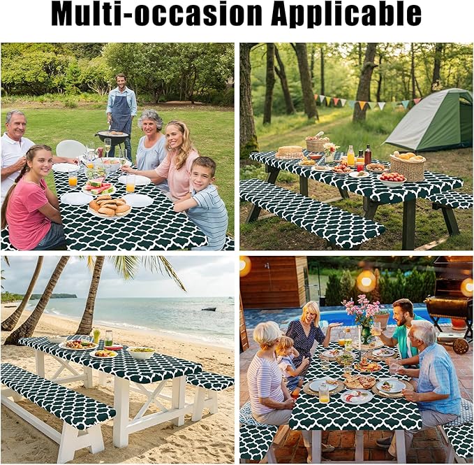 Smiry Picnic Table Cover with Bench Covers, Waterproof Elastic Fitted Tablecloth for 8 Foot Tables, Washable Polyester Tablecloths for Camping, Indoor & Outdoor (Hunter Green, 30x96 Inch 3-pc Set)
