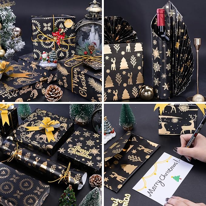 Larcenciel Metallic Christmas Wrapping Paper Set, Black and Gold Holiday Gift Wrapping Paper w/Gift Bow Sticker, Gnome Snowflake Deer Glitter Foil Xmas Gift Wrap for Winter Nightmare, 6 Sheets 28x20in