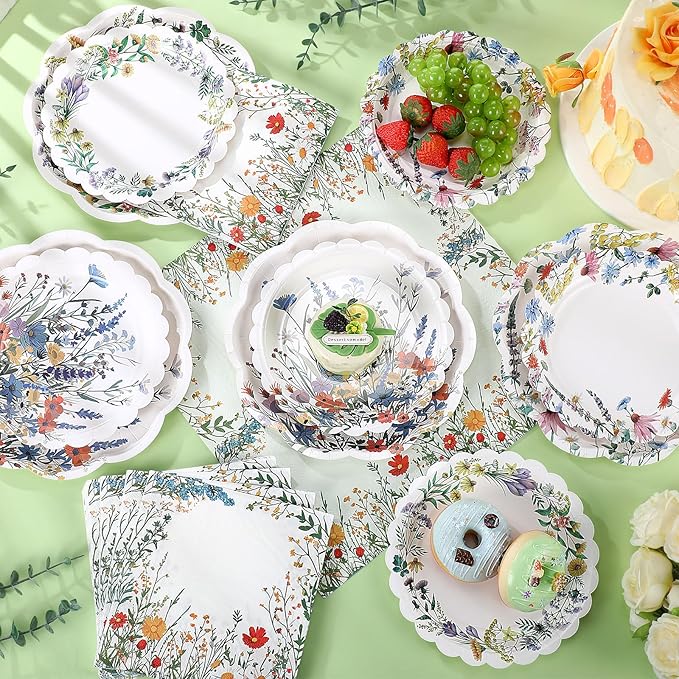 144 Pcs 48 Guests Wildflower Party Plates and Napkins Wildflower Paper Plates Napkins Wild Flower Floral Disposable Tableware for Baby Bridal Shower Wedding Birthday Garden Tea Party Supplies