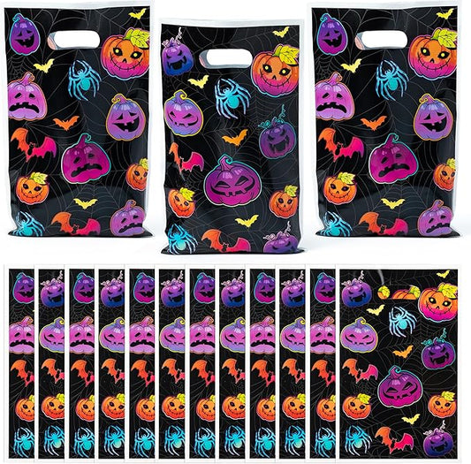 Haooryx Neon Pumpkin Favor Bags - 50Pcs Halloween Bat Pumpkin Plastic Gift Bag Birthday Party Gift Wrap Goodie Candy Treat Bag for Halloween Party Kids Birthday Baby Shower Party Favor Supply
