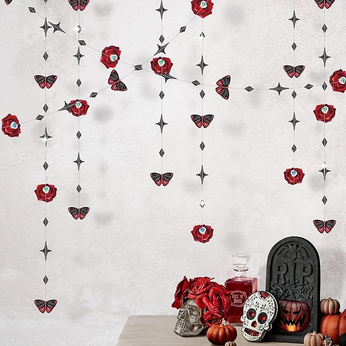 Cheerland Gothic Valentines Day Decorations Red Rose Goth Birthday Party Blood Butterfly Garland for Dark Garden Vampire Parties Romantic Floral Decor Elegant Horror Theme Dark Bride or Die Halloween