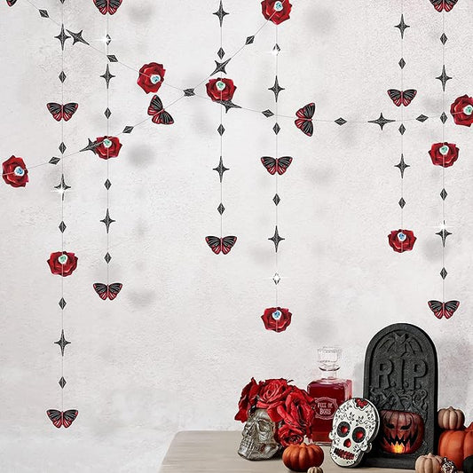 Cheerland Gothic Valentines Day Decorations Red Rose Goth Birthday Party Blood Butterfly Garland for Dark Garden Vampire Parties Romantic Floral Decor Elegant Horror Theme Dark Bride or Die Halloween