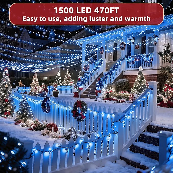 470FT Christmas Lights Outdoor, 1500 LED Christmas Tree Decoration Lights with 12 Modes & Timer Memory, Dimmable Plug in Waterproof LED Xmas Light for Yard Trees Wedding Party Holiday Blue