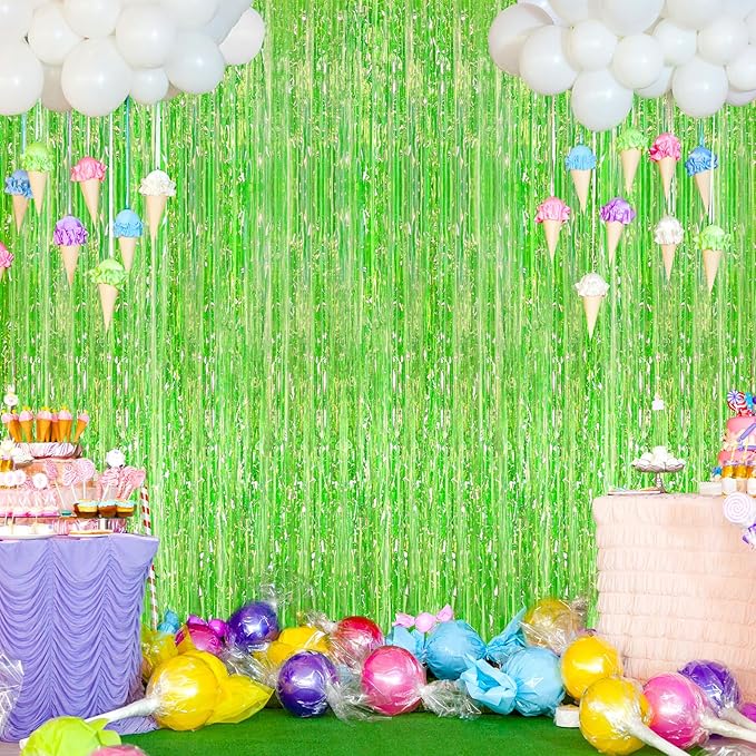 2Pack Iridescent Green Metallic Tinsel Foil Fringe Curtains, Door Streamers Photo Booth Backdrop for Birthday Party, Tinsel Curtain Backdrop for Baby Shower Bachelorette Christmas Party Decorations