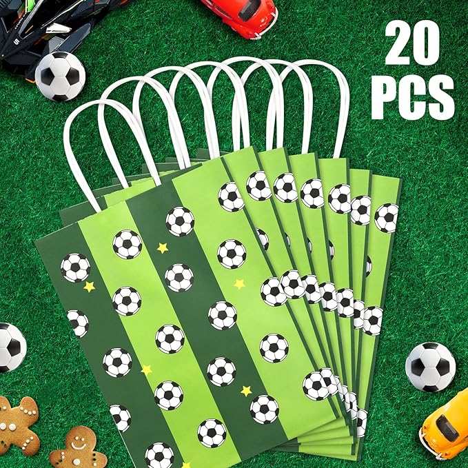 Ethanberg 20Pcs White Soccer Party Favor Bags with Handles, Soccer Themed Kraft Paper Gift Bags Candy Snack Bag, Green Goodie Bag for Sport Team Ball Events Theme Birthday Party Supplies