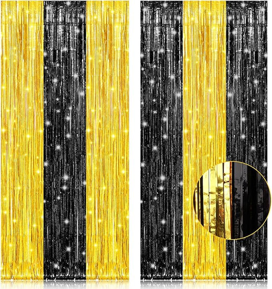 PIGETALE, 2 Pack 3.2x8.2 Feet Black and Gold Tinsel Backdrop Party Decorations, Foil Fringe Curtains Backdrop for Birthday Graduation Wedding Engagement Bridal