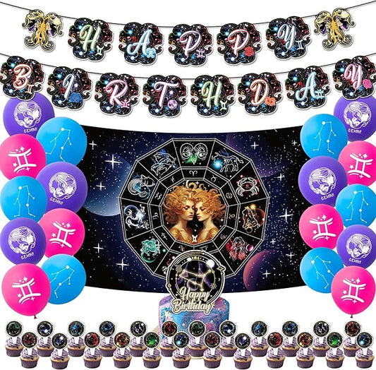 Zodiac Gemini Party Decorations - Gemini Birthday Banner, Cake Topper, Backdrop - Blue, White, Multicolor