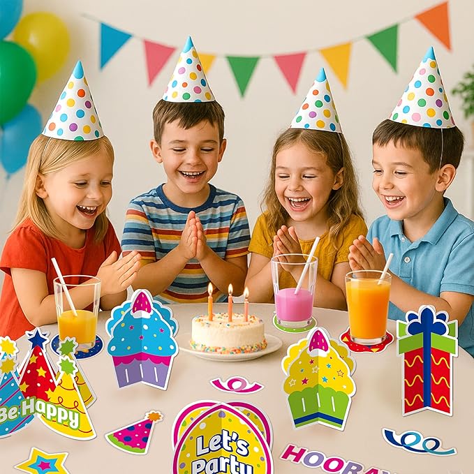 HonuGoGo Birthday Table Decorations Kit, 46ct Colorful Party Supplies with Table Centerpieces, Coasters & Confetti—Ideal for Dining Tables, Dessert Tables & Birthday Party Celebrations