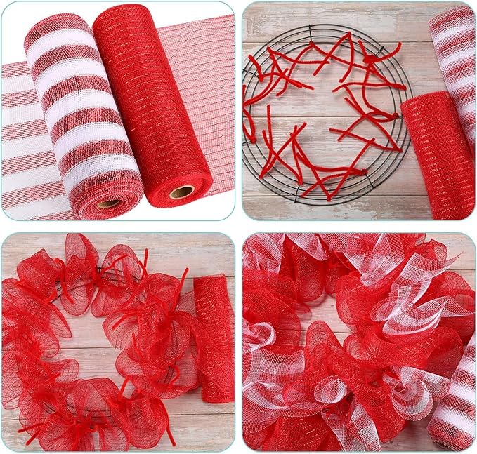 5 Rolls Christmas Mesh Ribbon for Wreath, 10 Inch x 30FT Per Roll Metallic Foil Deco Mesh Rolls Red White Ball Stripe Decorative Mesh for Christmas Tree Winter Holiday Wreath Party Decor