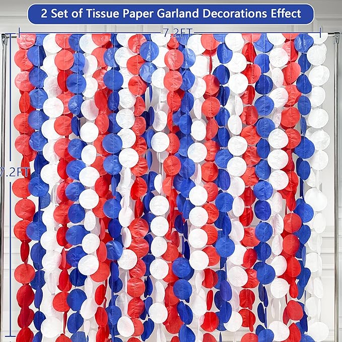 192Ft Royal Blue Red White Party Decorations Big Circle Dots Tissue Paper Backdrop Streamer Garland for 4th of July American USA National Day Patriotic Veterans Graduation Wedding Birthday Party