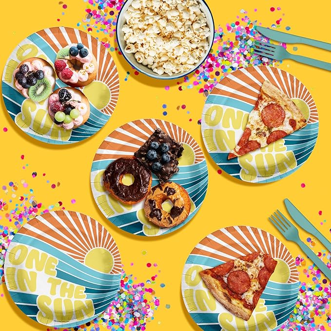 One In the Sun Summer First Birthday - 32 Piece Disposable Party Supplies - Decorations for Boy's 1st Birthday Round Party Plates - Large 9" Paper Plates In Bulk