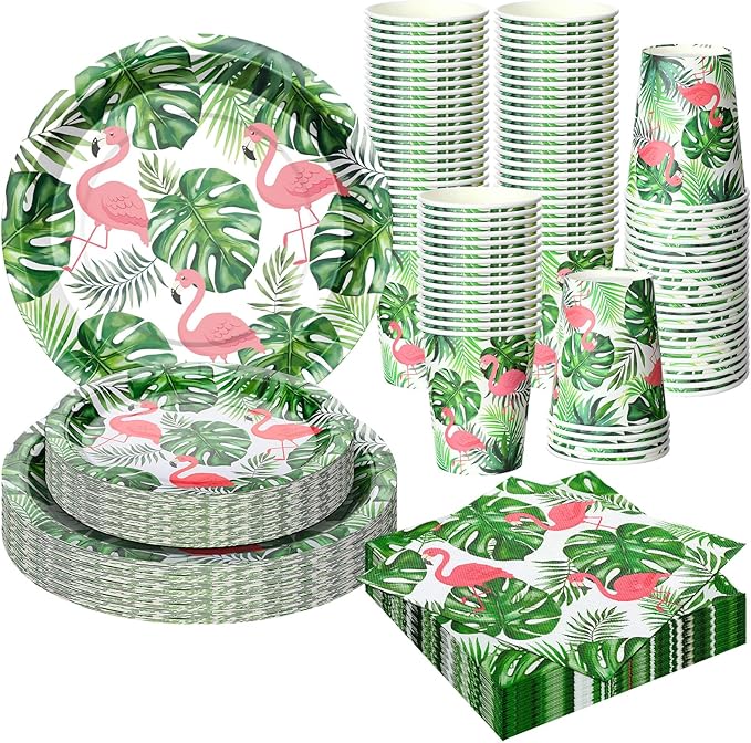 Jingmore 200 Pcs Tropical Flamingo Hawaiian Aloha Party Supplies Serve 50 Guests Luau Paper Plates Cups Napkins for Summer Beach Tableware Pool Party