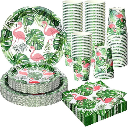 Jingmore 200 Pcs Tropical Flamingo Hawaiian Aloha Party Supplies Serve 50 Guests Luau Paper Plates Cups Napkins for Summer Beach Tableware Pool Party
