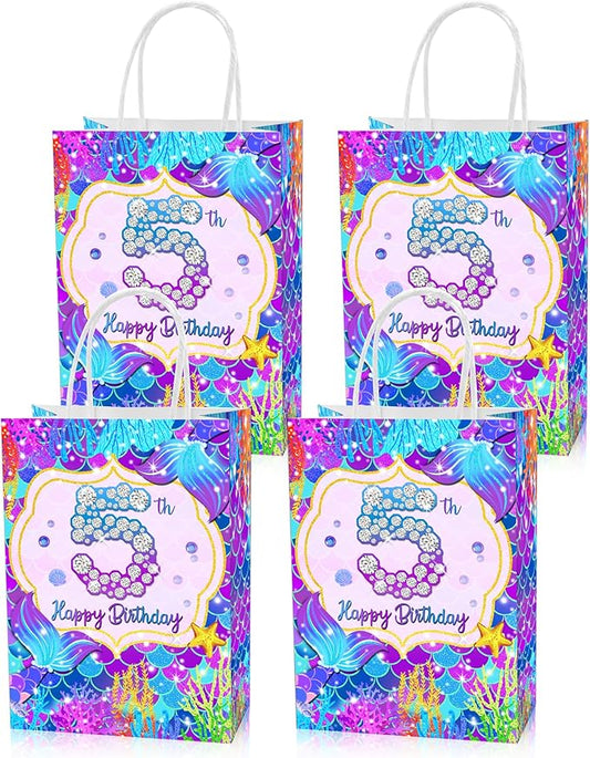 Roselush 16 Pcs Mermaid 5th Birthday Goodie Bag,Little Mermaids 5th Bday Gift Snacks Treat Candy Party Favors Bags for Girls Fifth Birthday Party Decorations Supplies