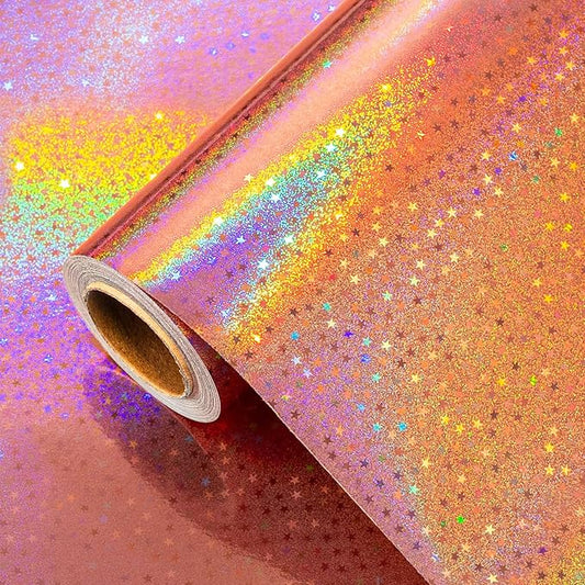 Burymento Rose Gold Wrapping Paper Roll, Metallic Holographic Star Gift Wrap for Birthday, Valentines, Mothers day, Graduation, Wedding, Fathers day, Baby Shower, Christmas (17 IN x 32.8 FT)