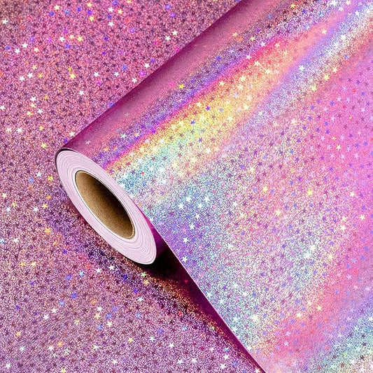 Burymento Pink Wrapping Paper Roll, Metallic Holographic Star Gift Wrap for Birthday, Valentines, Mothers day, Graduation, Wedding, Fathers day, Baby Shower, Christmas (17 IN x 32.8 FT)