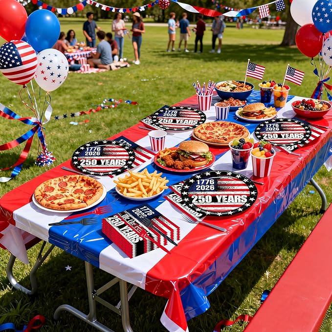 72PCS 250th Anniversary USA Party Supplies - Retro American Flag Paper Plates and Napkins Disposable Patriotic Tableware Set for 4th of July Memorial Day Party Decoration