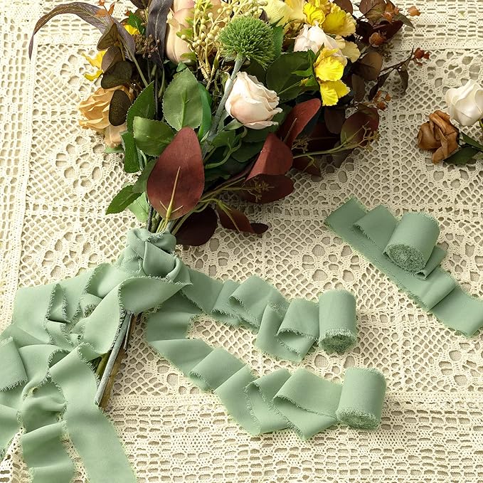 Christmas Ribbon, 3 Rolls Sage Green Ribbon for Gift Wrapping, 1 1/2 inch x 7Yd Ribbons for Flower Bouquet, Chiffon Silk Ribbons for Crafts, Wedding Invitations, Bridal Bouquets, DIY Crafts