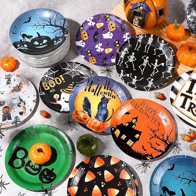 Umigy 120 Pieces Halloween Paper Plates 7 Inch Spider Web and Ghost Disposable Dessert Plates Haunt Pumpkin Disposable Tableware Dinnerware for Halloween Spooky Themed Party Birthday Party Decorations