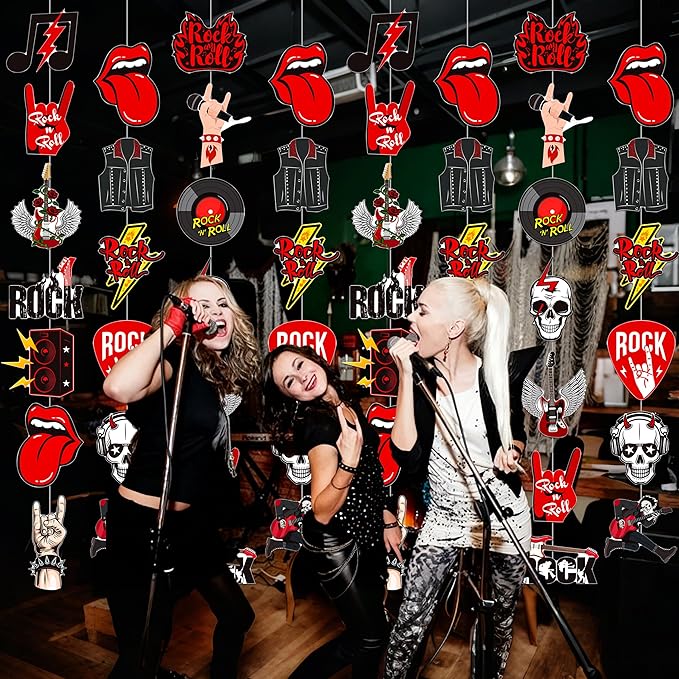 8pcs Rock and Roll Party Hanging Garlands Rock Music Room Wall Decor Rockstar Birthday Ceiling Garlands Rock Guitar Party Decorations for Muscial Theme Baby Shower Supplies