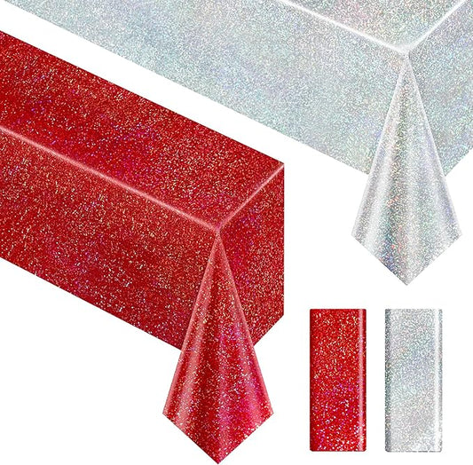 Red & Silver Carnival Laser Tablecloth 40" x 108" Shining Christmas Holiday Holographic Table Cloth Birthday Graduation Party Table Cover Plastic Foil Party Supplies For Anniversary Baby Shower