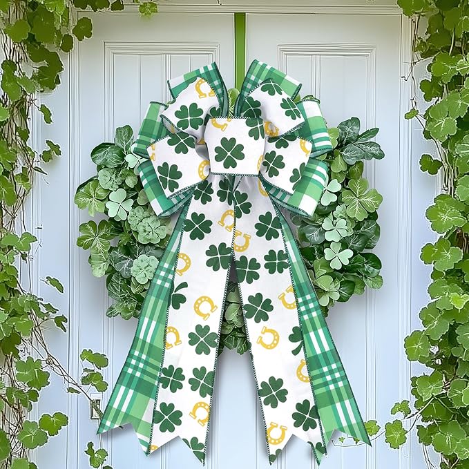 LaRibbons St Patricks Day Ribbon Wired 2 Rolls 2.5 Inch x 20 Yards Tt, Glitter Shamrock Green and White Plaid Ribbon for Crafts Supplies Wreath Bow Making DIY