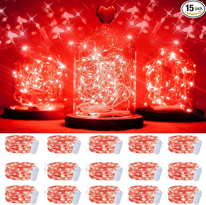 SmilingTown 15 Packs 20 Led Red Fairy Lights Battery Operated 6.6ft Silver String Lights Waterproof Firefly Starry Light for Bedroom Dorm DIY Table Centerpieces Halloween Christmas Party Decor