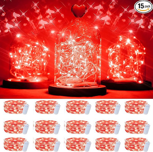SmilingTown 15 Packs 20 Led Red Fairy Lights Battery Operated 6.6ft Silver String Lights Waterproof Firefly Starry Light for Bedroom Dorm DIY Table Centerpieces Halloween Christmas Party Decor