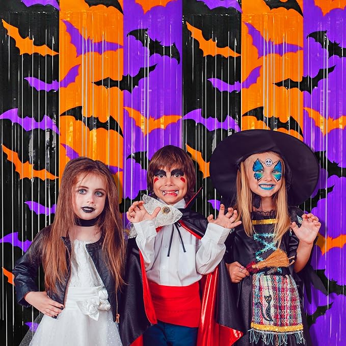 Halloween Party Decorations, 2 Pack Halloween Foil Fringe Curtains 3.3 X 6.6 ft, Orange Purple Black Bat Pattern Halloween Party Backdrop Photo Booth Props Streamers Halloween Birthday Party Supplies