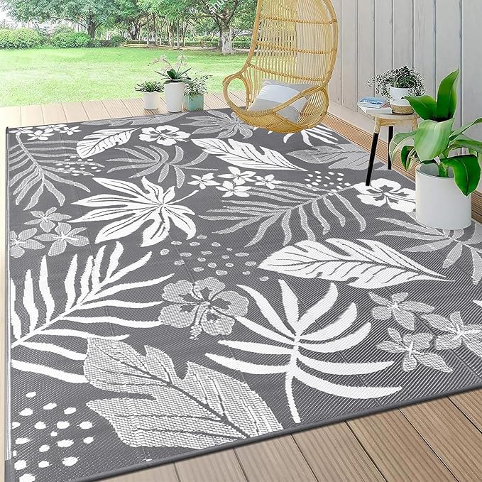 Pauwer Waterproof Outdoor Rug 8x10, Reversible Plastic Straw Patio Camping Rug, Indoor Outdoor RV Mat Carpet for Deck, Camper, Porch, Balcony, Backyard, Picnic, Floral Grey