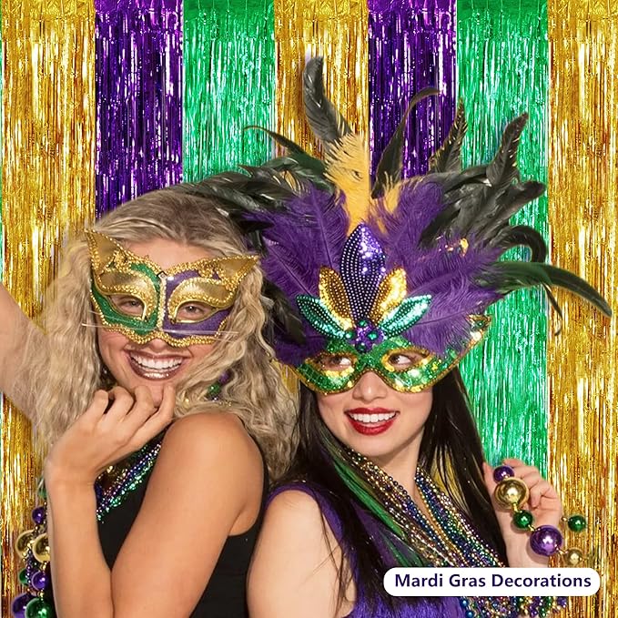 BEISHIDA 3Pcs Green Gold Purple Door Streamers Backdrop Foil Fringe Tinsel Curtains Backdrops for Birthday Baby Shower Carnival Mardi Gras Party Decoration (3.28 ft x 6.56 ft)