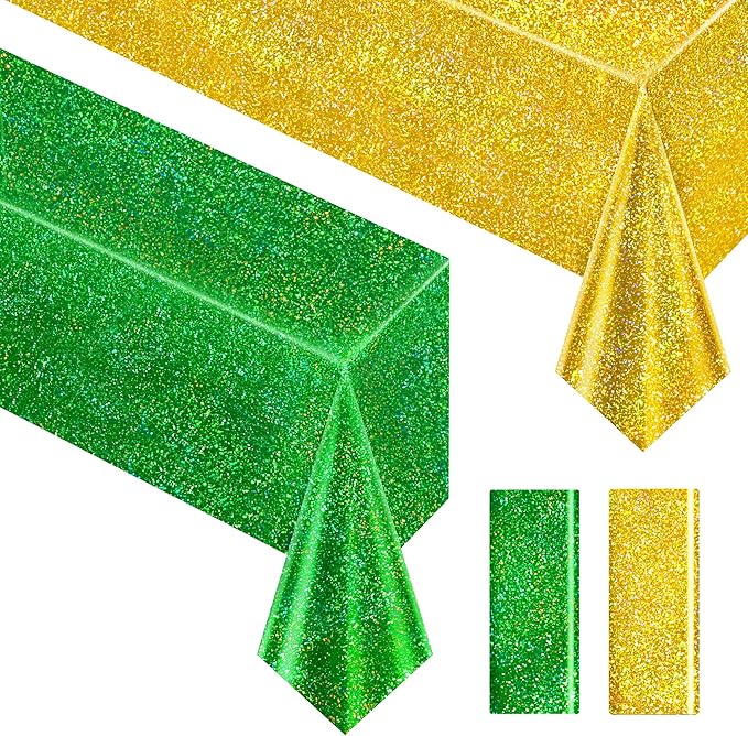 Just Shimmer Sparkling Holographic Laser Tablecloth - Shimmering, Waterproof, Easy to Clean - Ideal for Bachelorette, Birthday, Wedding, and Anniversary Party Decorations (Green & Gold, 2)