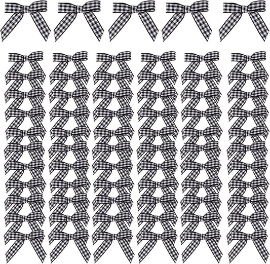 Meseey 100 Pcs 1.5 Inches Pretied Premade Craft Bows with Twist Tie Self Adhesive Satin Ribbon Bows for Treat Bags Gift Wrapping Basket Wedding Baby Shower Brithday Party (Black and White Plaid)