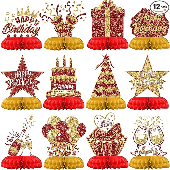 Red and Gold Birthday Decorations – 12PCS Honeycomb Table Centerpieces for Men Women Adults – Happy Birthday Table Decor Party Supplies
