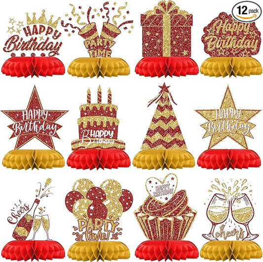 Red and Gold Birthday Decorations – 12PCS Honeycomb Table Centerpieces for Men Women Adults – Happy Birthday Table Decor Party Supplies
