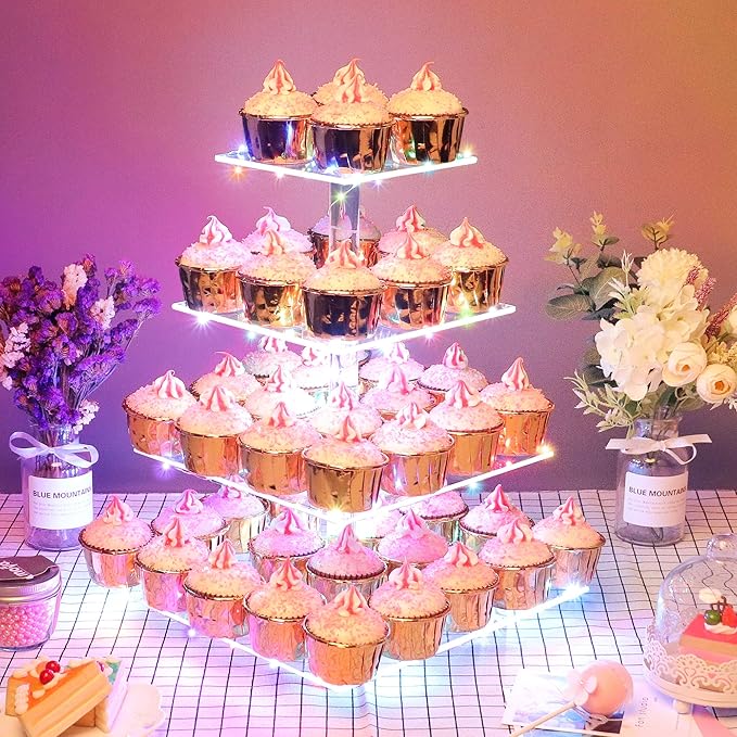 WeddingWish Cupcake Display Stand, 4-Tier Acrylic & Copper, Multicolor LED Light, 50 Cupcakes