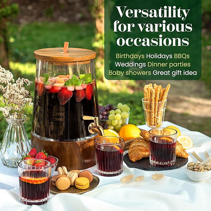 FOODLE Glass Drink Dispenser with Spigot - Glass Beverage Dispenser with Stand - Perfect for Parties & Everyday Use - Pitcher for Water, Lemonade, Sangria, Punch & Juice - Leakproof Spout - 1 Gallon