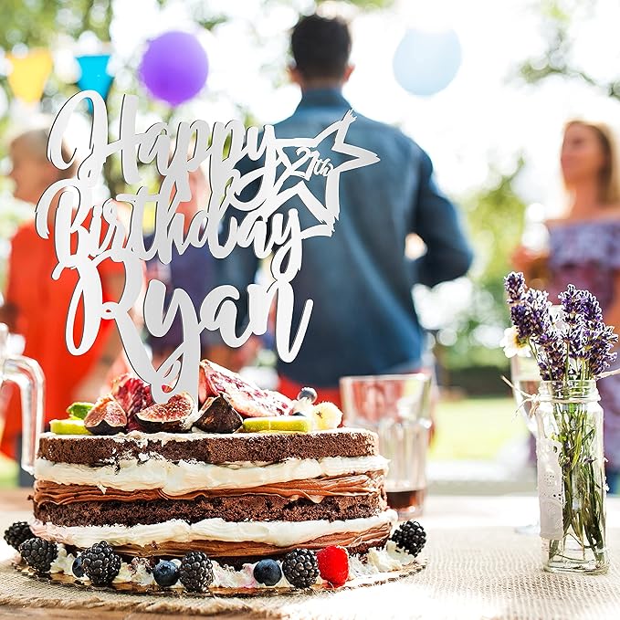 Personalized Birthday Cake Topper - Happy Birthday Cake Toppers w/Name and Star - Custom Acrylic Cake Decorations, Birthday Cake Topper for Birthday Party - 3 Mirrored Acrylic Colors