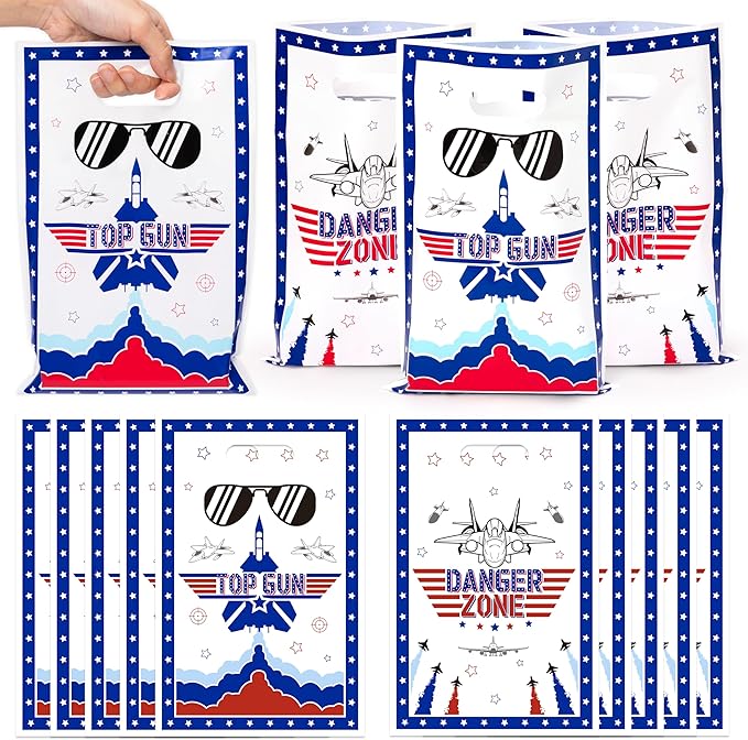 Andi Cppss Fighter Jet Party Favor Bags - 50PCS Fighter Jet Gift Bags for Airplane Birthday Party Supplies Airplane Plastic Goodie Candy Treat Bag with Handles for Kids Plane Theme Party Decorations