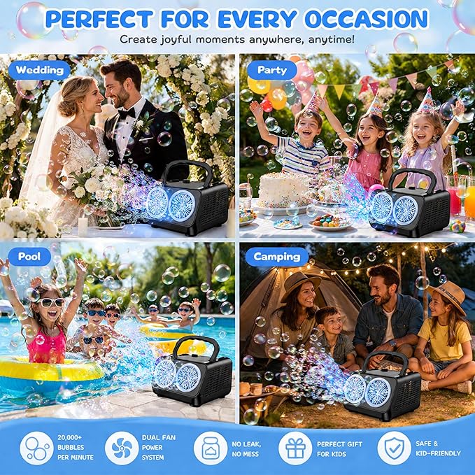 Bubble Machine with Dual Fans, 20,000+ Bubbles Per Minute, USB-C or AA Battery Powered,Leak-Proof Sealed Bottle,Portable Bubble Maker for Birthday Party Pool Wedding Outdoor