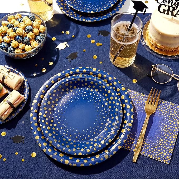 Yungyan 96 Pcs Blue and Gold Party Supplies Disposable Tableware Set Include 24 Dots on Blue Paper Napkins 24 Large Plates 24 Small Plates 24 Forks for Graduation Birthday Party Decorations