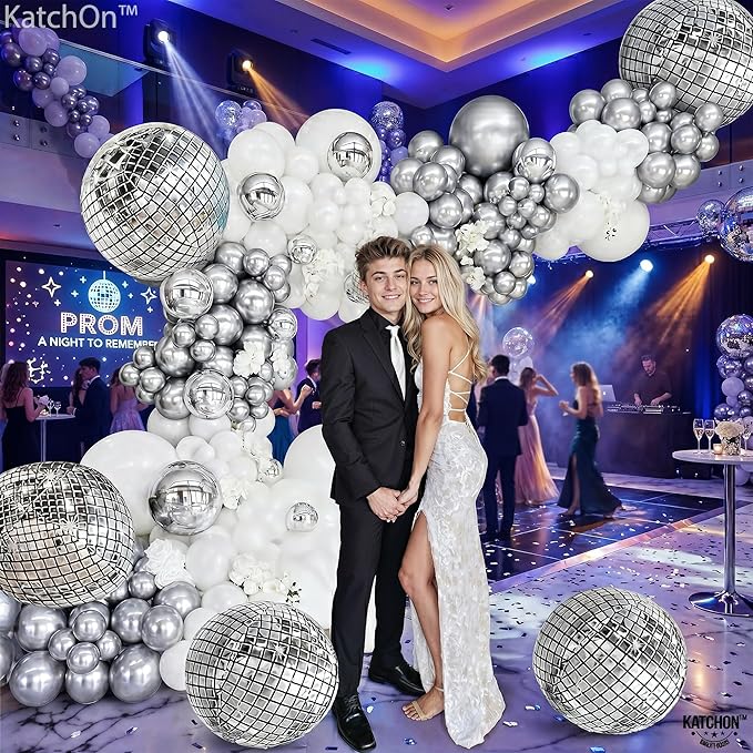 KatchOn, Silver Disco Ball Balloons - Huge 22 Inch, Pack of 6 | 4D Sphere Balloons for Disco Party Decorations | Silver Birthday Decorations | Retro Party Decoration, 70's Theme Party, Anniversary
