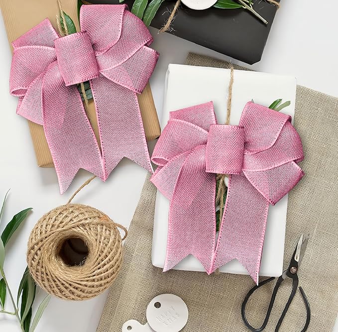 Pink Burlap Ribbon 1-1/2 inch X 10 Yard Natural Burlap Woven Wired Ribbons DIY Handmade Edging Production Wreath Holiday Decoration Gift Ribbon for Gift Wrapping Pink Ribbons