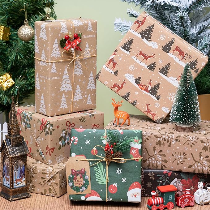 Larcenciel Christmas Gift Wrapping Paper Set, 6 Sheets with Tags, Stickers, Twine and Tape, Classic Holiday Kraft Wrapping Paper, Green Brown Elegant Xmas Gift Wraps for Girly, Boys, Coworker, Friends