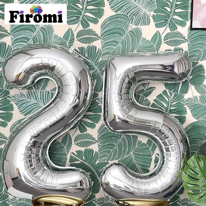 FIROMI 25 Number Balloons Silver Big Giant Jumbo Huge Foil Mylar 25 Balloon Numbers for 25th Birthday Party Anniversary Events Decorations 40-inches