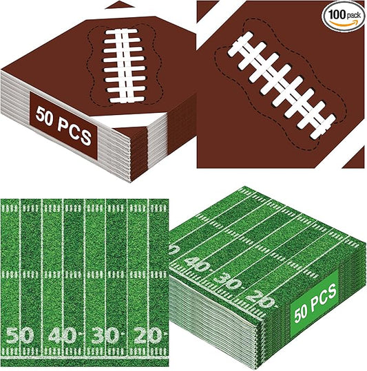 100 PCS Football Party Supplies, 6.5 Inches Football Napkins with 2 Styles, Disposable Football Paper Napkins, Football Party Napkins for Football Theme Game Day Touchdown Birthday Decorations