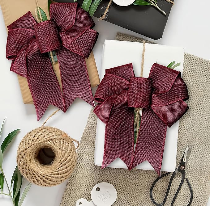 Burgundy Burlap Ribbon 1-1/2 inch X 10 Yard Natural Burlap Woven Wired Ribbons DIY Handmade Edging Production Wreath Holiday Decoration Ribbon Gift Wrapping Burgundy Ribbons