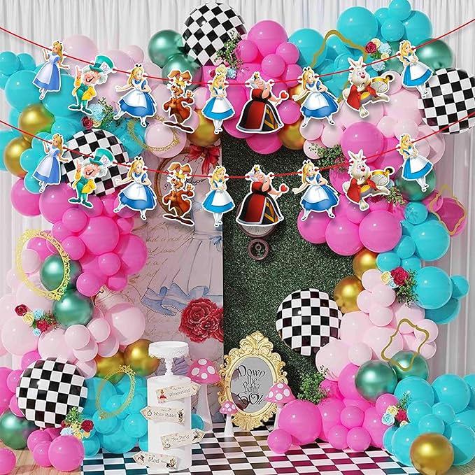Alice in Wondrland Garland Decoration – Fairy Tale Birthday Party Supplies – Cartoon Inspired Hanging Banner for Adults – Baby Shower, School Events, Family Gatherings, and Themed Celebrations