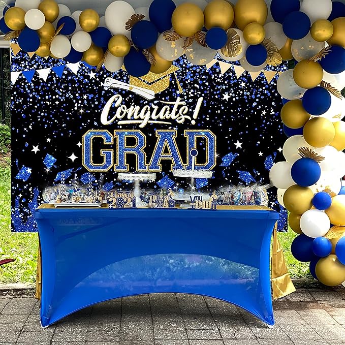 Mocsicka Graduation Party Decorations 2026 Congrats Grad Backdrops for Photography Bachelor Cap Congratulations Grad Photo Backdrop Graduation Prom Party Supplie (Blue and Gold, 7x5ft (82x60 inch))
